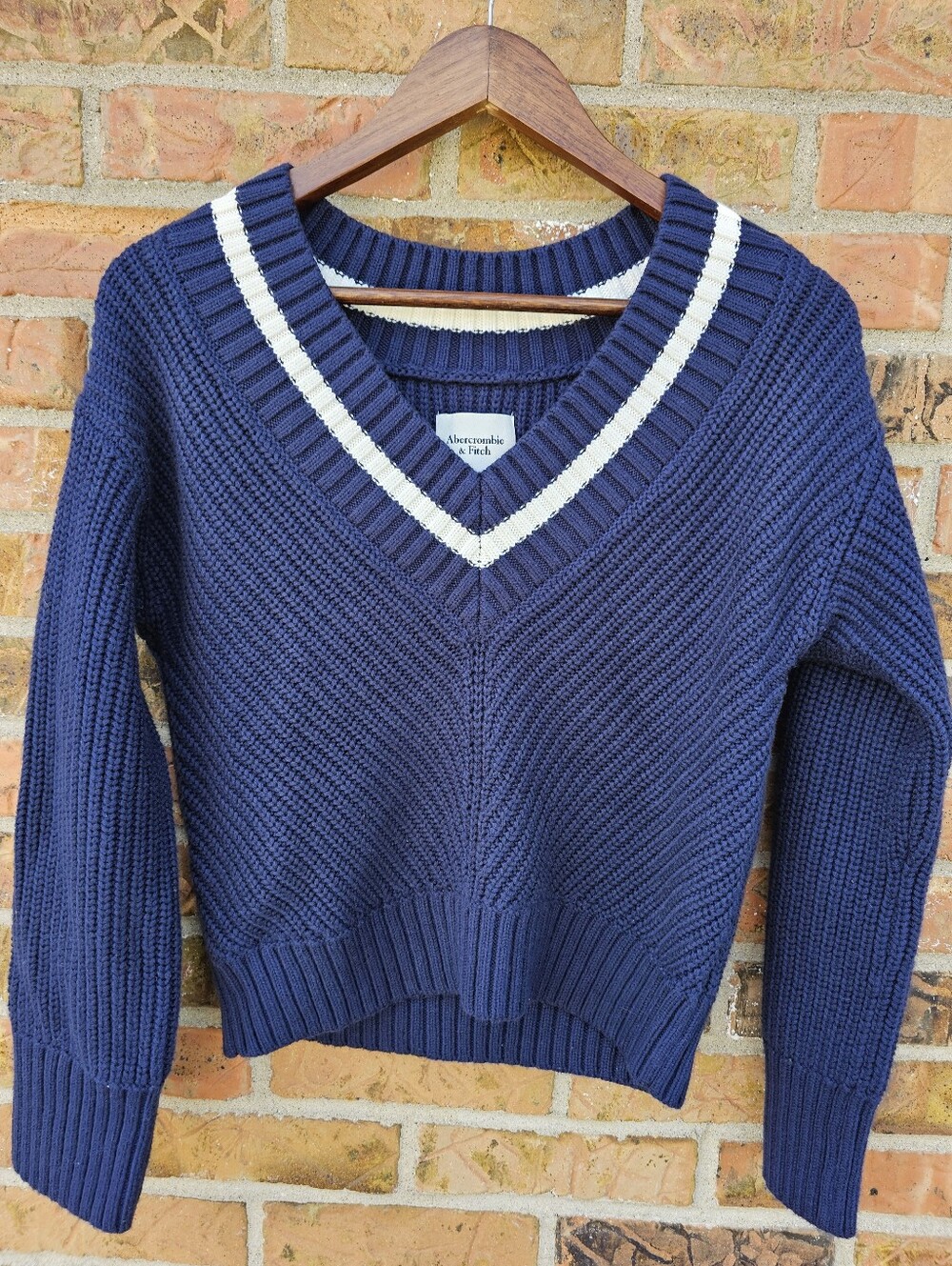 Abercrombie & Fitch Navy Blue V-Neck Sweater with White Trim
